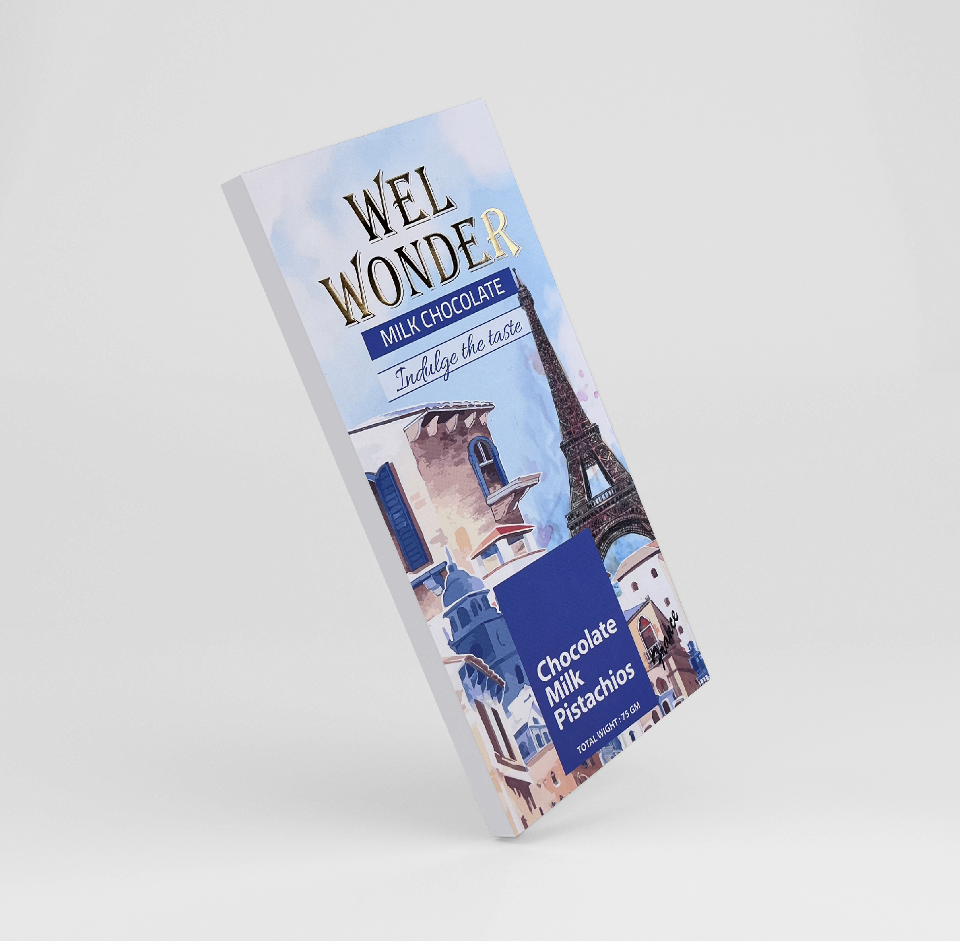 Our milk pistachio chocolate features a blend of rich creamy milk chocolate combined with crunchy pistachio pieces for a satisfying treat. &nbsp;Ingredients: Sugar - C.B.S (Veg. fats) - Milk powder - Cocoa powder - Pistachio. weight: 75 GM