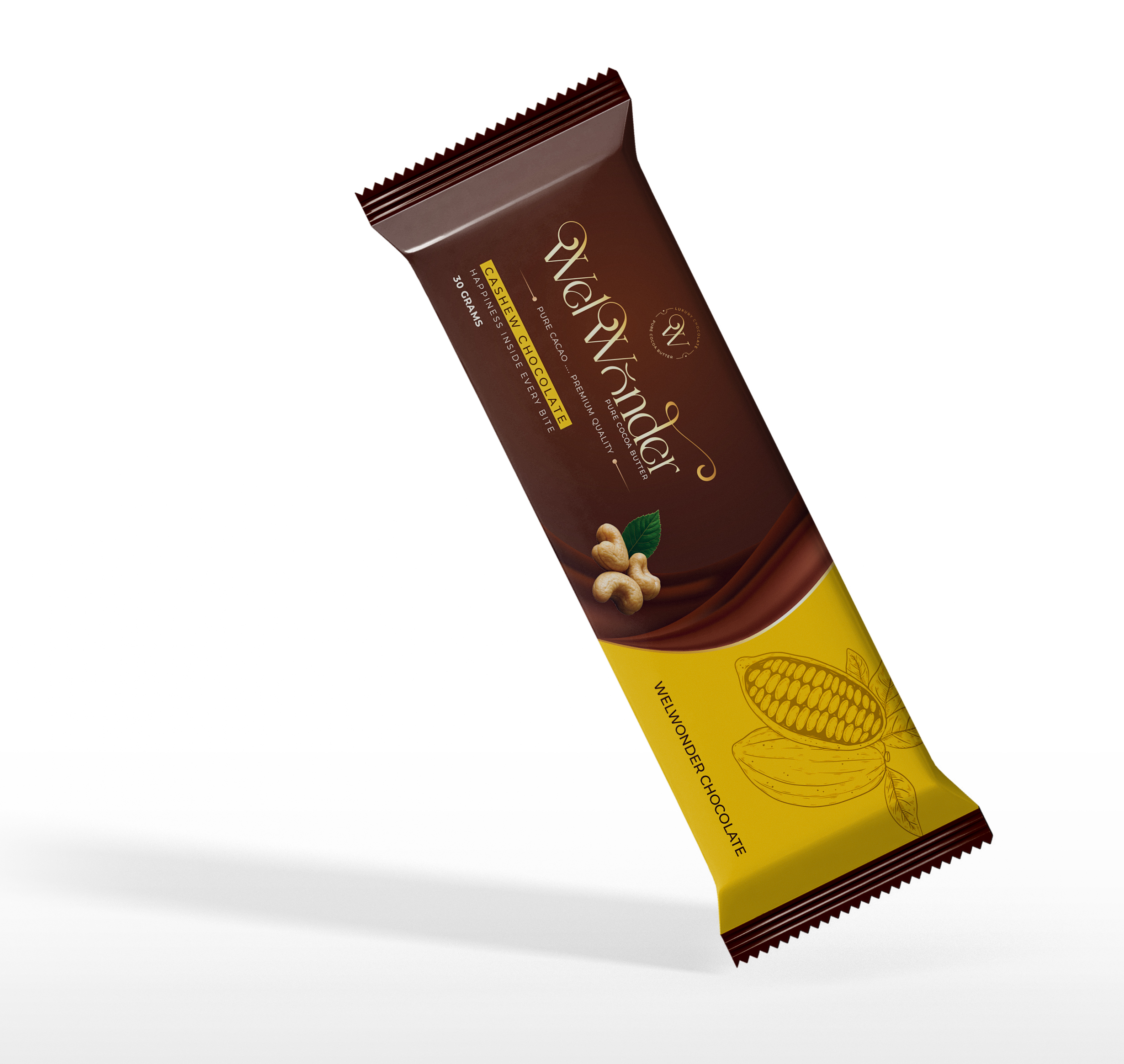 Let the creamy chocolate melt, revealing hidden treasures of buttery, roasted cashew pieces, it's a symphony of flavors that promises pure indulgence in every bite. Ingredients: Sugar - C.B.S (Veg. fats) - Milk powder - Cocoa powder - Cashew. weight: 35 Grams
