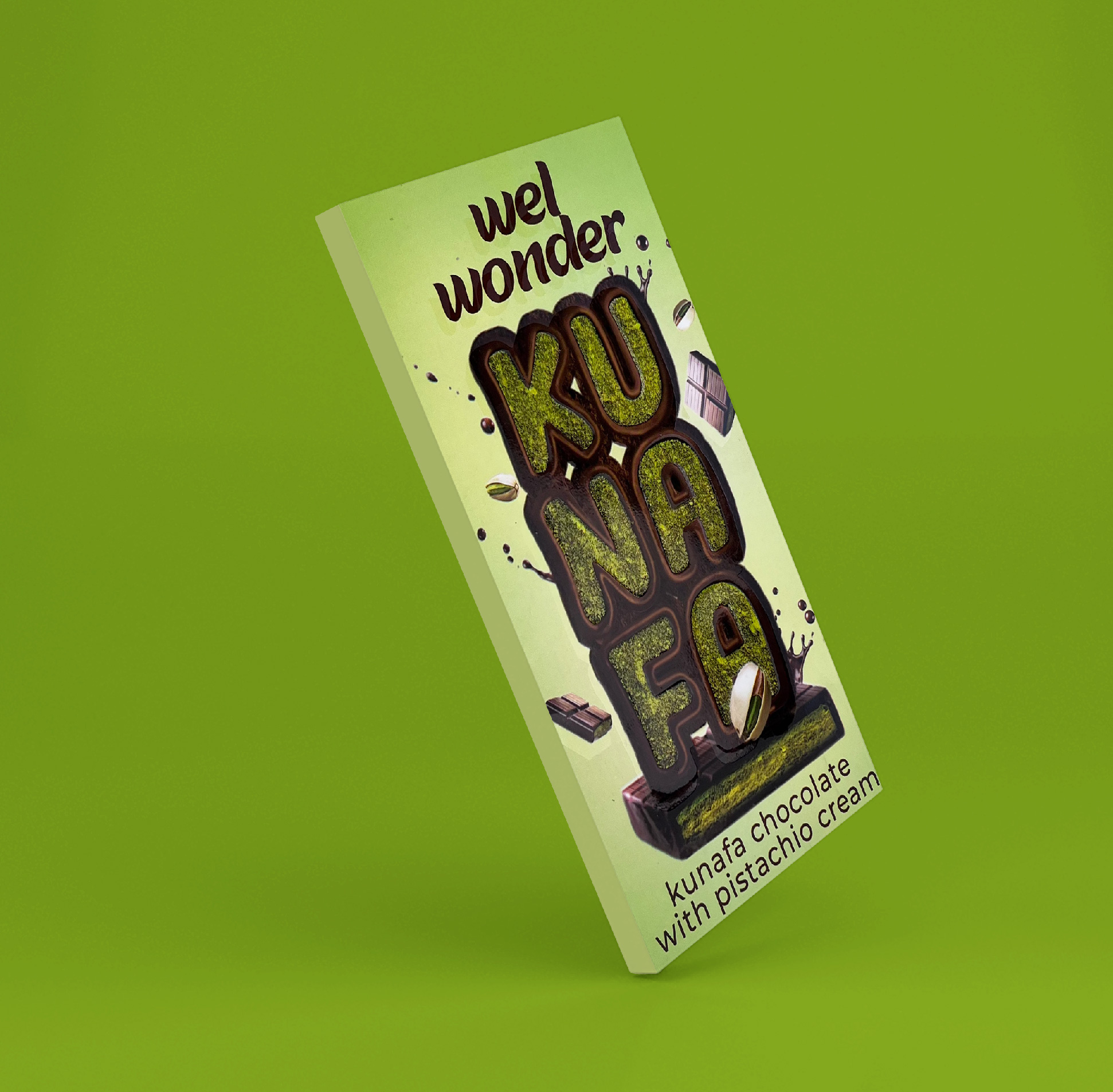 Delicious chocolate filled with crispy kunafa and rich pistachio cream. Ingredients: Cocoa butter - Cocoa paste - Vegetable oils - Low fat cocoa powder - Skimmed milk powder. Weight: 160 grams